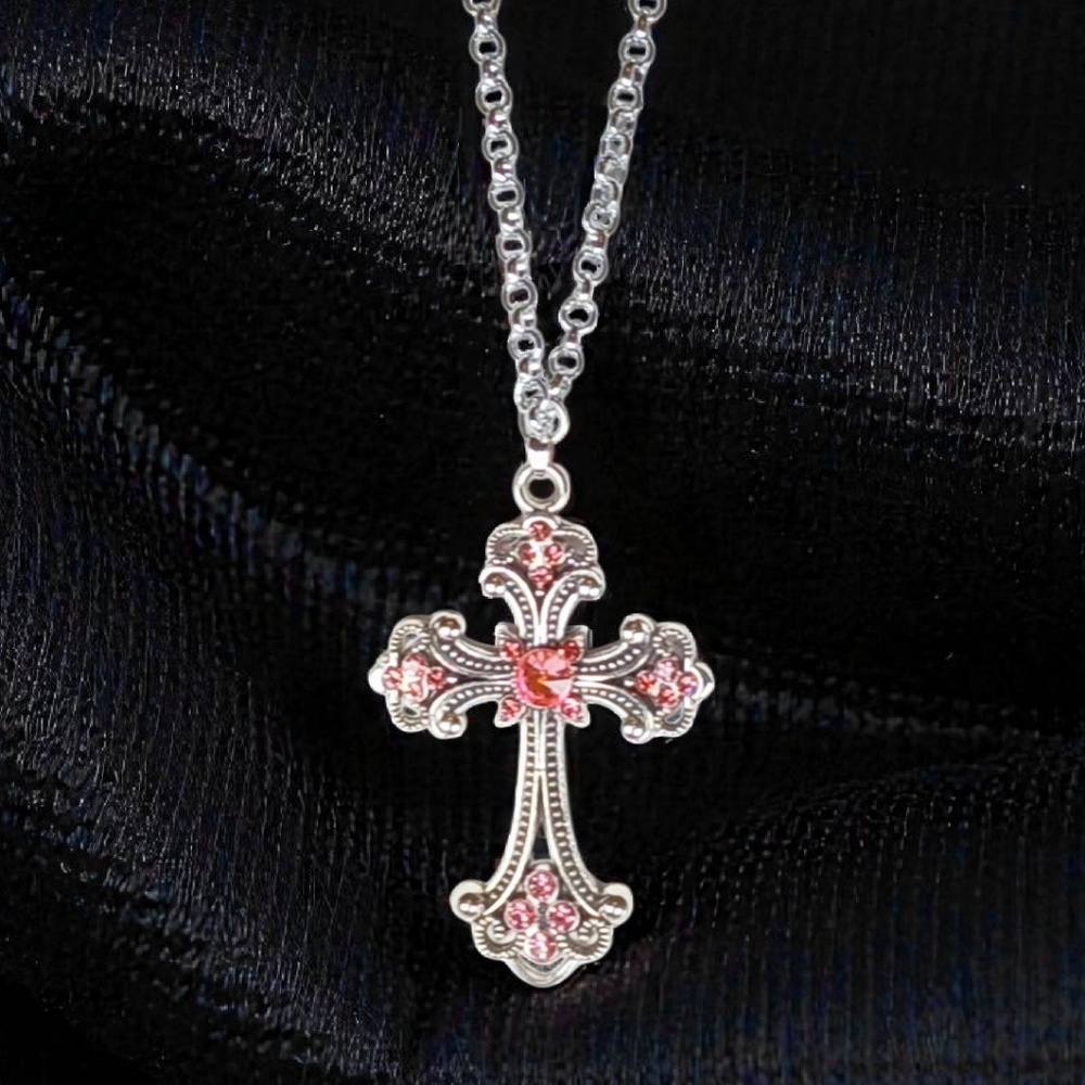 Silver Maltese Cross Pendant Necklace Pink Gems Modern Retro Glam Luxe Bling Y2k